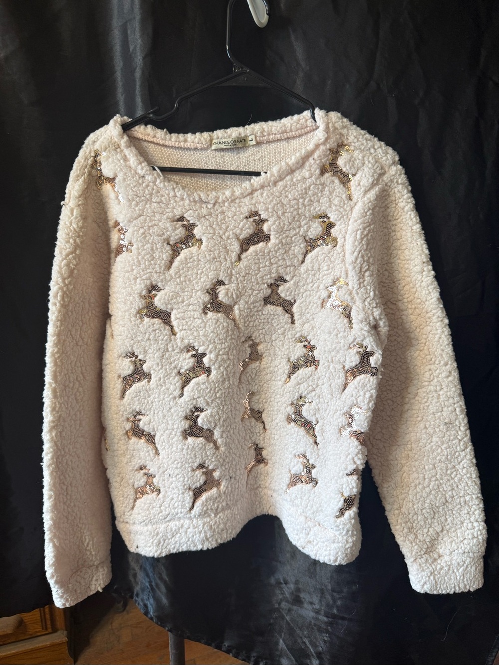 Chaps Cream Sherpa Crewneck Sweater with Embroidered Reindeer